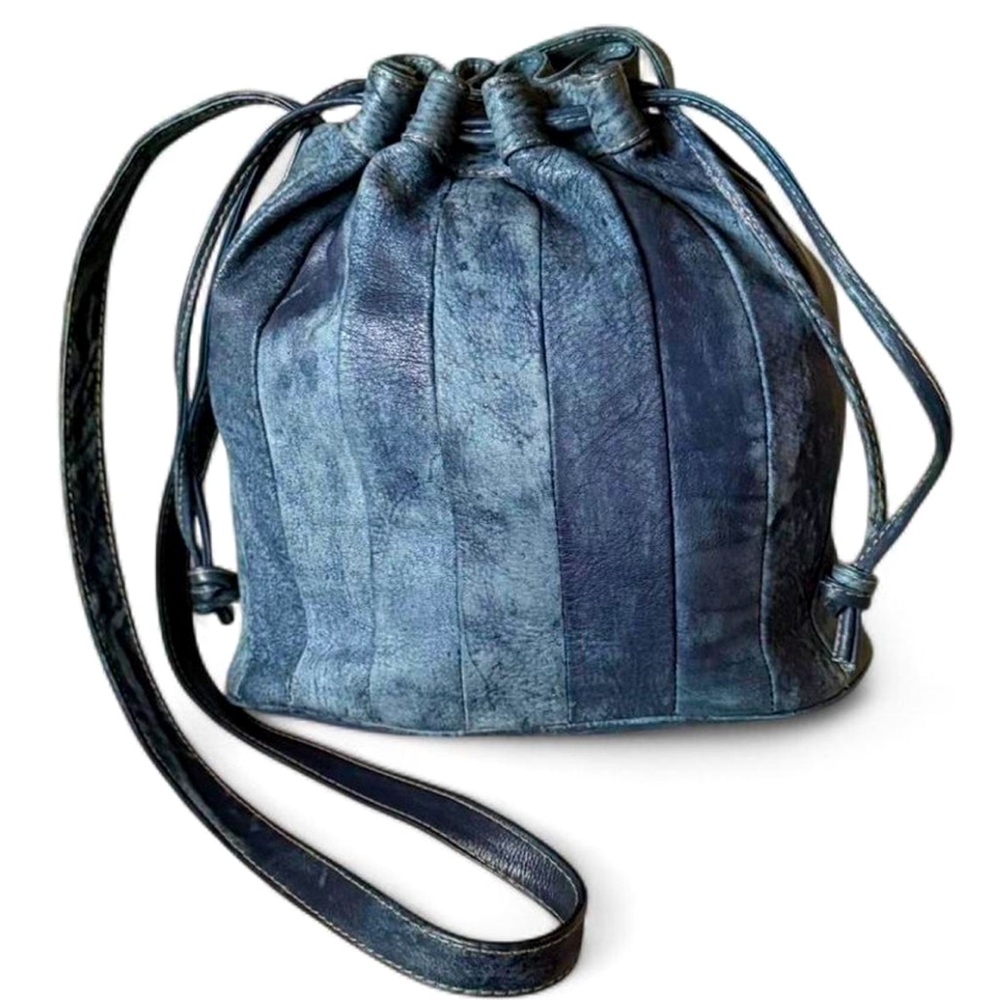 Vintage Leather Bucket Bag Classic Drawstring Crossbody Derek Alexander Blue